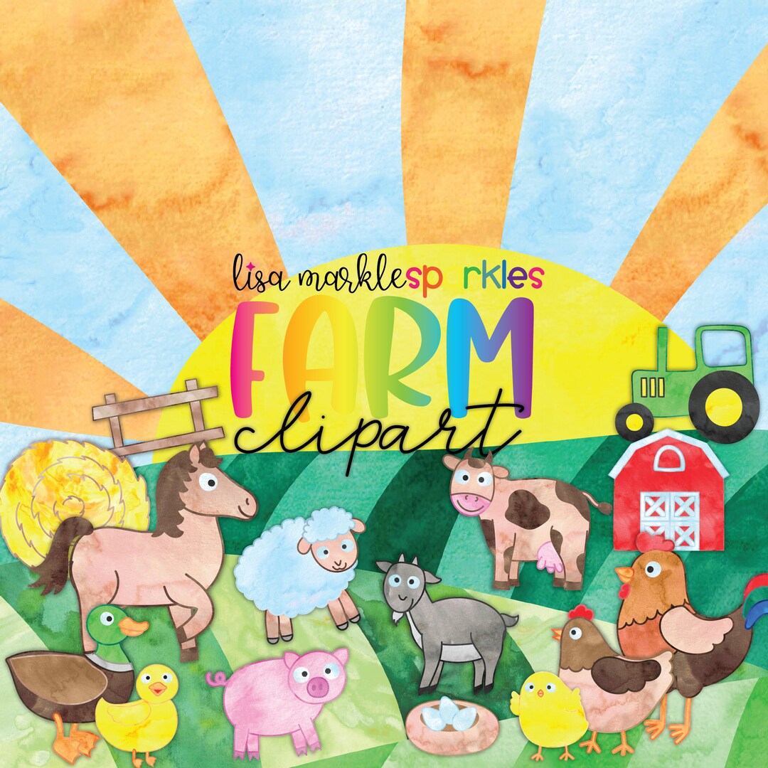 Watercolor Farm Animals Clipart Cow Rooster Country Tractor Chicken ...