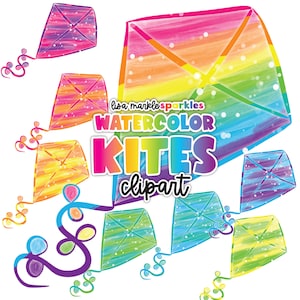 Watercolor Rainbow Flying Kite Clipart Spring Summer Garden Kids Kites Clipart PNG Image Instant Digital Download