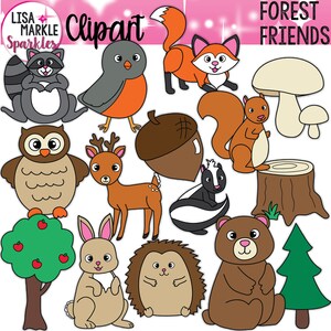 Woodland Forest Animals Clipart avec Fox Deer Hedgehog Owl Écureuil Skunk Bear Robin Bunny Mushroom Trees Gland