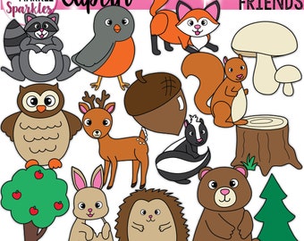 Woodland Forest Animals Clipart with Fox Deer Hedgehog Owl Squirrel Skunk Bear Robin Bunny Mushroom Trees Acorn