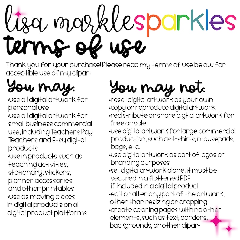 Puede incluir: Un documento de t&eacute;rminos de uso de arte digital con el texto "lisa marklesparkles" en una fuente caprichosa. El documento describe los usos aceptables e inaceptables del clipart, incluido el uso personal y comercial.
