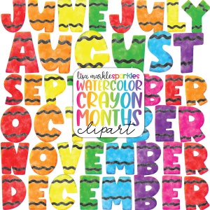 Watercolor Crayon Months of the Year Words Clipart Birthday Planner Calendar Seasonal Holiday PNG Image Instant Digital Download