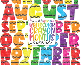Watercolor Crayon Months of the Year Words Clipart Birthday Planner Calendar Seasonal Holiday PNG Image Instant Digital Download