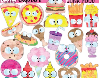 Clipart de comida chatarra, clipart de comida rápida, clipart de bocadillos, clipart de acuarela, clipart de comida