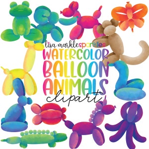 Watercolor Balloon Animal Clipart, Birthday Clipart, Elephant Giraffe Unicorn Dog Clipart