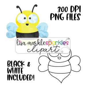 Puede incluir: Imagen de clipart digital con una abeja amarilla y negra en acuarela con alas azules. La imagen incluye una versi&oacute;n en blanco y negro del contorno de la abeja. El texto incluye "300 DPI PNG FILES" y "BLACK & WHITE INCLUDED!" con el logotipo de Lisa Marklesparkles clipart.