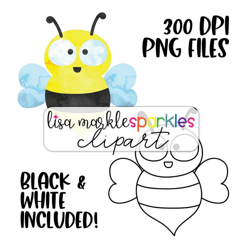 Puede incluir: Imagen de clipart digital con una abeja amarilla y negra en acuarela con alas azules. La imagen incluye una versi&oacute;n en blanco y negro del contorno de la abeja. El texto incluye "300 DPI PNG FILES" y "BLACK & WHITE INCLUDED!" con el logotipo de Lisa Marklesparkles clipart.