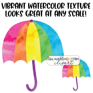 Puede incluir: Ilustraci&oacute;n de acuarela vibrante de dos paraguas. Los paraguas son de colores arco&iacute;ris, con un mango morado. El texto en la parte superior dice: "VIBRANT WATERCOLOR TEXTURE LOOKS GREAT AT ANY SCALE!"