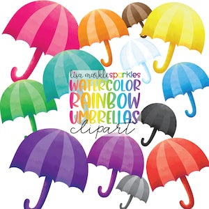 Umbrella Clipart - Spring Watercolor Rainbow Rain Weather Season Clipart PNG Image Instant Digital Download