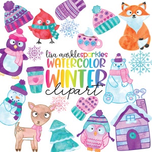 Aquarela inverno animal clipart imagem PNG chapéu mitten pinguim boneco de neve urso polar floco de neve clipart