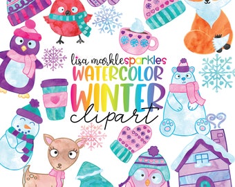 Watercolor Winter Animal Clipart PNG Image Hat Mitten Penguin Snowman Polar Bear Snowflake Clipart