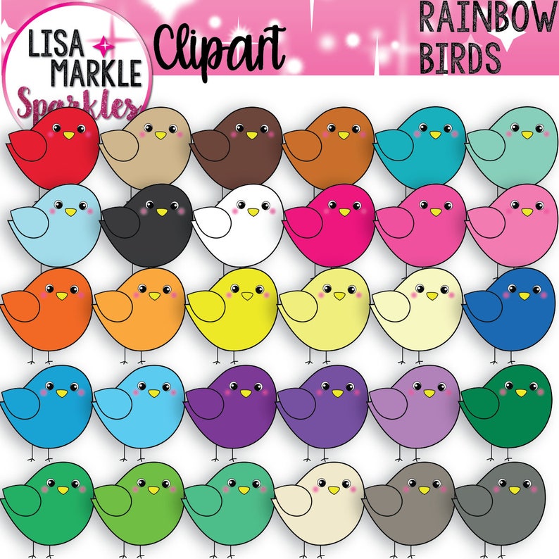 May include: A set of 36 colorful cartoon bird clip art images. The birds are all facing forward with their wings out. The birds are in a variety of colors, including red, orange, yellow, green, blue, purple, and pink.