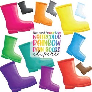Rain Boot Clipart, Spring Watercolor Rainbow Weather April Rain Clipart, Rain Boots PNG Image Instant Digital Download