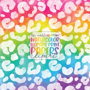 Watercolor Rainbow Animal Leopard Print Digital Scrapbook Papers PNG Patterned Printable Digital Download
