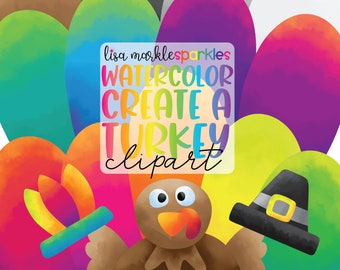 Könnte beinhalten: Aquarell-Clipart-Set zum Erstellen eines Truthahns. Das Set enthält einen Truthahnkörper, einen Hut und Federn in verschiedenen Farben. Der Text "lisa marklesparkles WATERCOLOR CREATE A TURKEY clipart" befindet sich in der Mitte des Bildes.