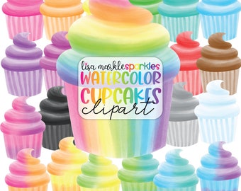 Watercolor Rainbow Birthday Cupcake Clipart Birthday Party Celebration Cake Clipart PNG Image Digital Download