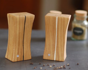 Large oak salt and pepper shakers in a gift box