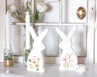 Bunny pair white porcelain with delicate flowers, Easter bunny, Easter, Scandic