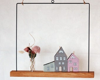 Hanging window decoration metal ring square oak pastel decoration glass vase houses 40 x 40 cm