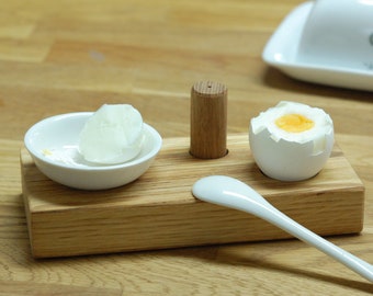 Egg cup oak, wood salt shaker, porcelain bowl, egg spoon complete