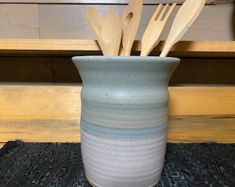 Icy turquoise and white pottery utensil holder