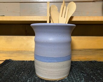 Lavender and white pottery utensil holder