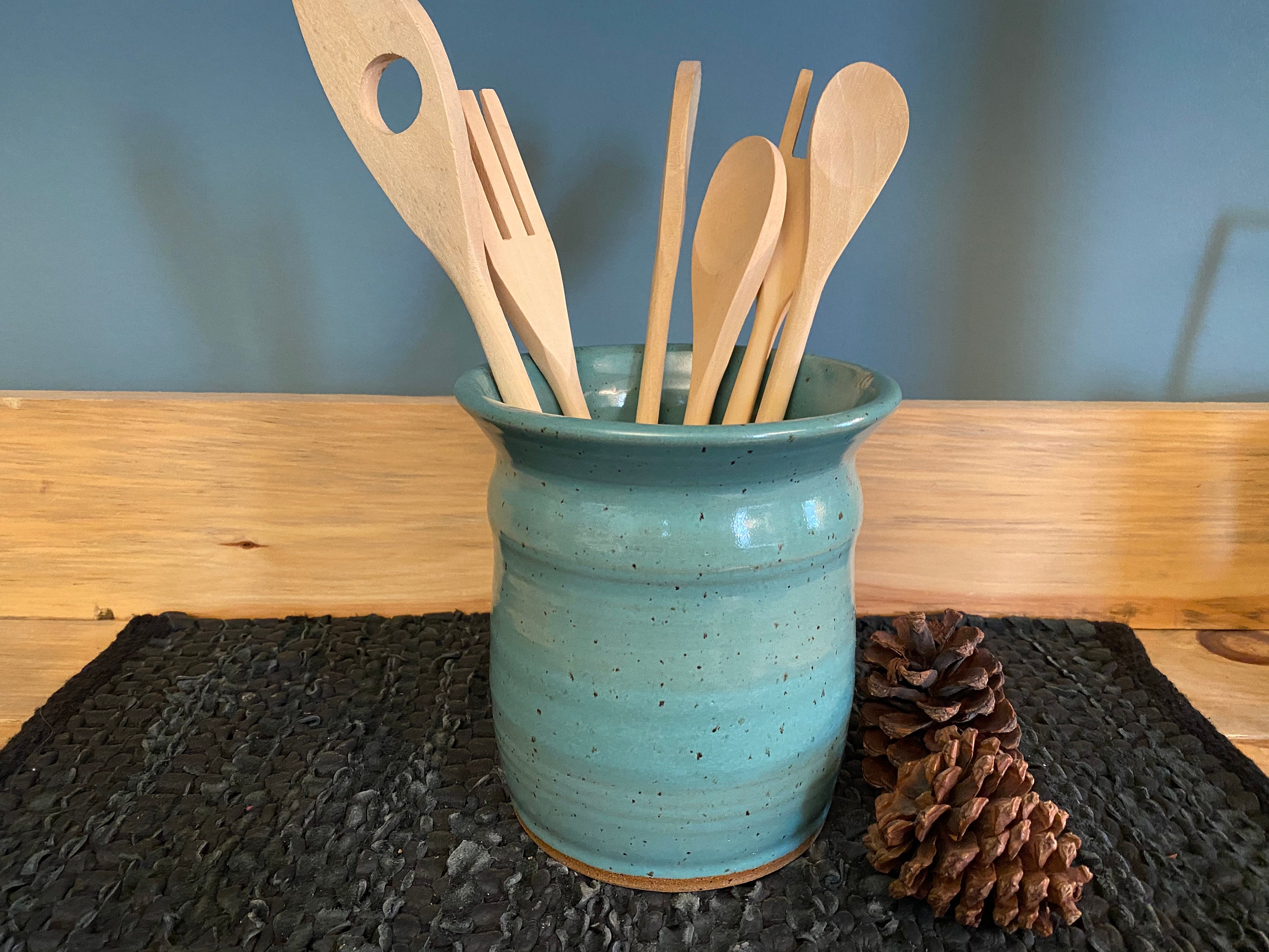 Turquoise pottery utensil holder Etsy