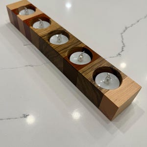 Handmade Wooden Tea Light Candle Holder – 5 Candle Block | Maple, Black Limba, Mahogany & Leopardwood | Modern Accent Decor | Free Shipping