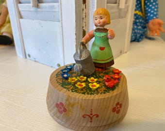 Little Girl in her Garden Wood Musical, Italy, Vintage Nursery Décor
