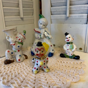 Four Polka-dot Clown Figurines, Japan, Vintage Nursery Décor