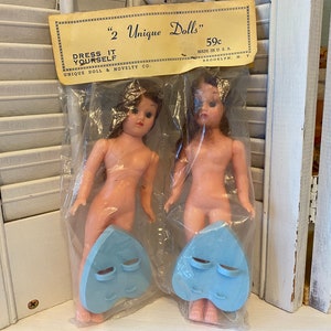 2 Packaged Dolls 8&quot; tall w/ Shoes & Stands, Vintage Nursery Décor