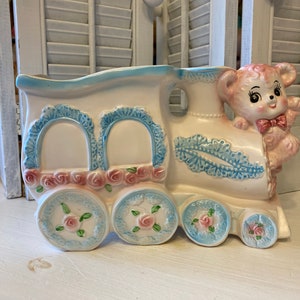 Teddy Bear Riding a Large Size Train Planter, Vintage Nursery Décor