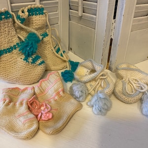 Three Pairs of Hand Crochet & Knitted Baby Boooties, Vintage Nursery Décor