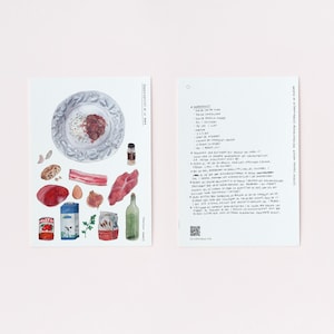 May include: A watercolor illustration of ingredients for a recipe called "Picadillo de la Casa". The ingredients include ground beef, bacon, rice, tomatoes, garlic, onions, parsley, and a bottle of red wine. The illustration is on a white background.