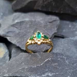 14ct Gold 3 Stone Emerald and Diamond Ring US 4.25 UK H SIZE