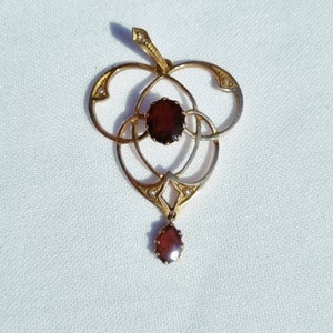 Gold Garnet Pearl Art Nouveau Drop Pendant 9ct