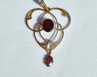 Gold Garnet Pearl Art Nouveau Drop Pendant 9ct