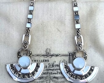 Silver Art Deco Drop Earrings Mother of Pearl & Marcasite