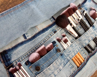Recycled Jeans Brush Roll | Denim Cosmetic Storage | Brush Organizer | Handmade Brush Roll | One of A Kind