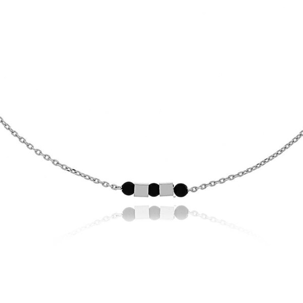 Collier ras de cou plaqué Argent perle noire et cube carré plaqué Argent