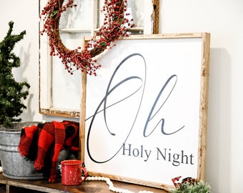 Oh Holy Night | Christmas Sign | Merry Christmas | Large White Sign | Farmhouse Decor | Wall Sign | Vintage Decor | Winter Signs