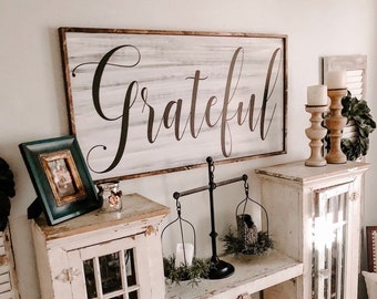 Large Grateful Sign | Framed Grateful Sign | Wood Sign | Farmhouse Grateful | Large Dining Room Sign | Framed Dining Sign