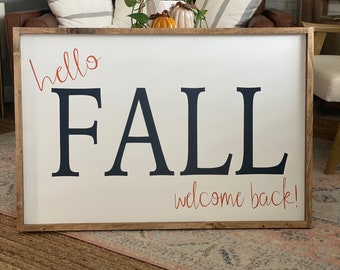 Hello Fall | Welcome Fall Sign | Welcome Back | Wooden Sign | Framed Wood Signs | Pumpkins | Farmhouse | Wood Sign | Blue Fall Decor