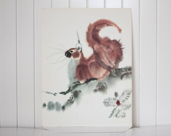 Squirrel Watercolor Print Poster Animal Vintage Poster Made Czechoslovakia Home Decor Nursery Childrens room