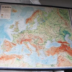 Carte vintage de l'Europe, grande carte, tableau déroulant, affiche géographique, fabriqué en Tchécoslovaquie, impression éducative, tableau scolaire, 1:3 500 000
