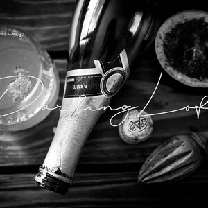 May include: A black and white photo of a champagne bottle, a glass of champagne, a citrus fruit, a bottle stopper, and a citrus juicer. The champagne bottle has a label that says "BRUT".