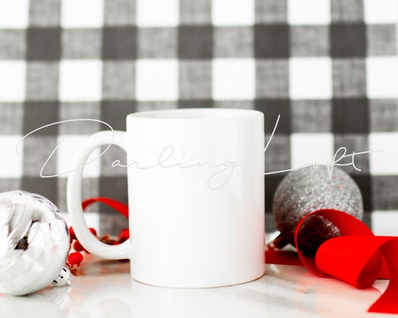 Coffee Mug Mockup Stock Holiday White Christmas Buffalo Plaid Etsy