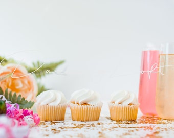 Cupcake Stock Image - Party Scene - Social Media - Champagne Flutes - Wedding - Bachelorette Party - Glitter - Mock Up - Birthday Party
