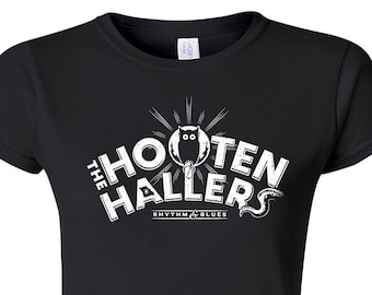 The Hooten Hallers Owl Design su pesante 100% cotone T-shirt da donna stampata con inchiostro bianco su maglietta Fem Fit nera
