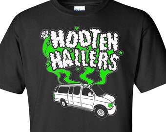 The Hooten Hallers Smoking Van Design on Black Unisex T-shirt.